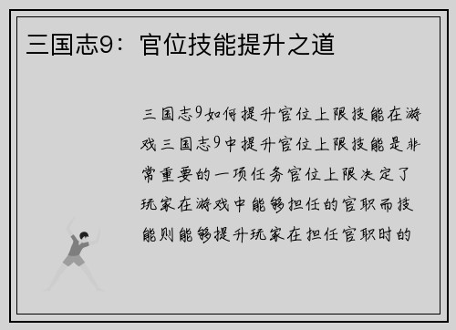 三国志9：官位技能提升之道
